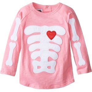 Mud Pie Pink, Cotton, long sleeves 
Felt skeleton bone & heart appliqué